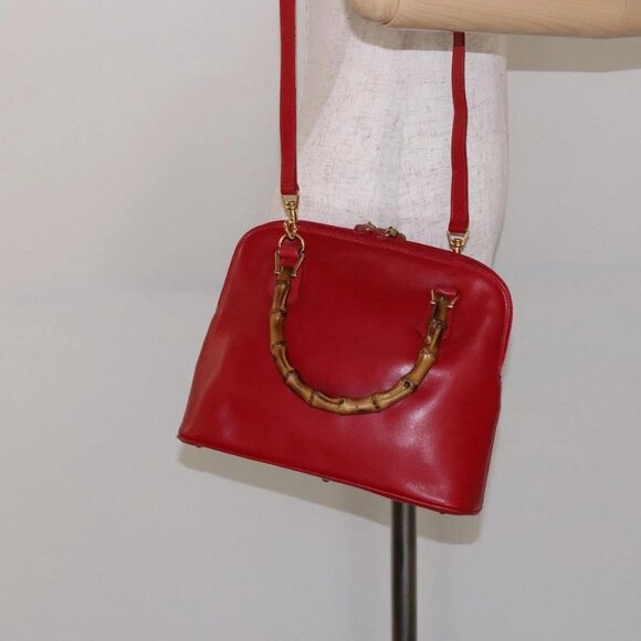 GUCCI Bamboo Hand Bag Leather 2way Red Gold Auth gh613 - Picture 1 of 16